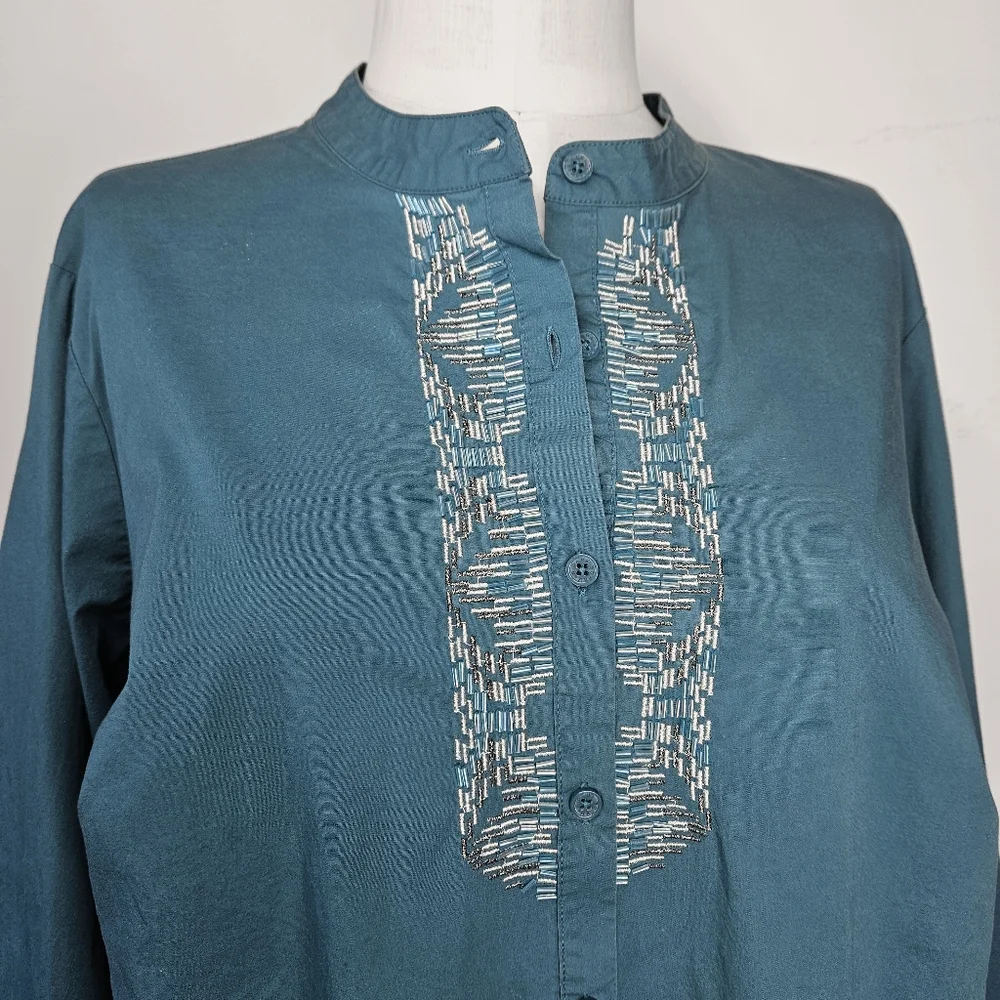 Dana Buchman Sze 2X Shirt Button Down 100% Cotton Beaded Mandarin Teal Turquoise